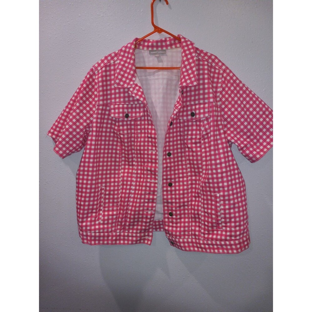 Easter Women Within plus size 24 pink and white checkered short sleeve jacket